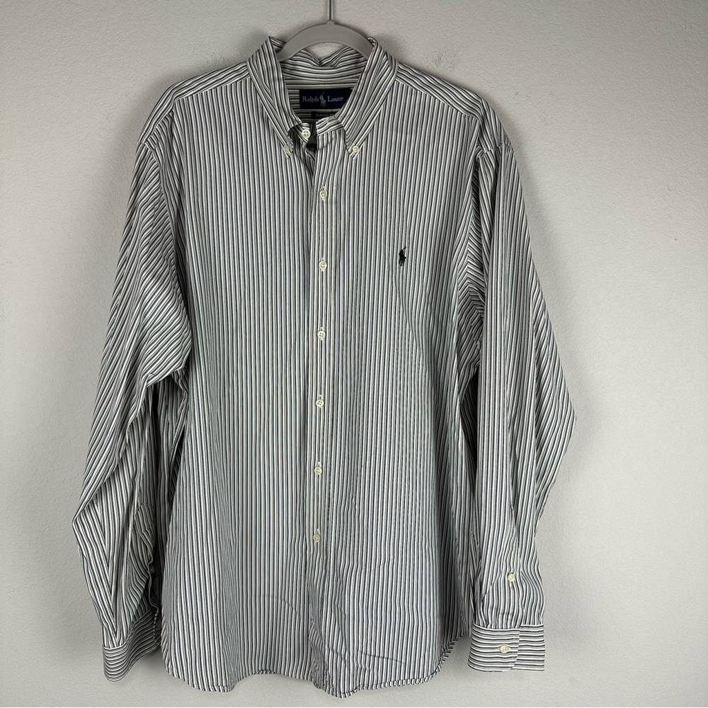 Ralph Lauren Gray White Stripe Long Sleeve 100% Cotton Button Down Shirt Size XL